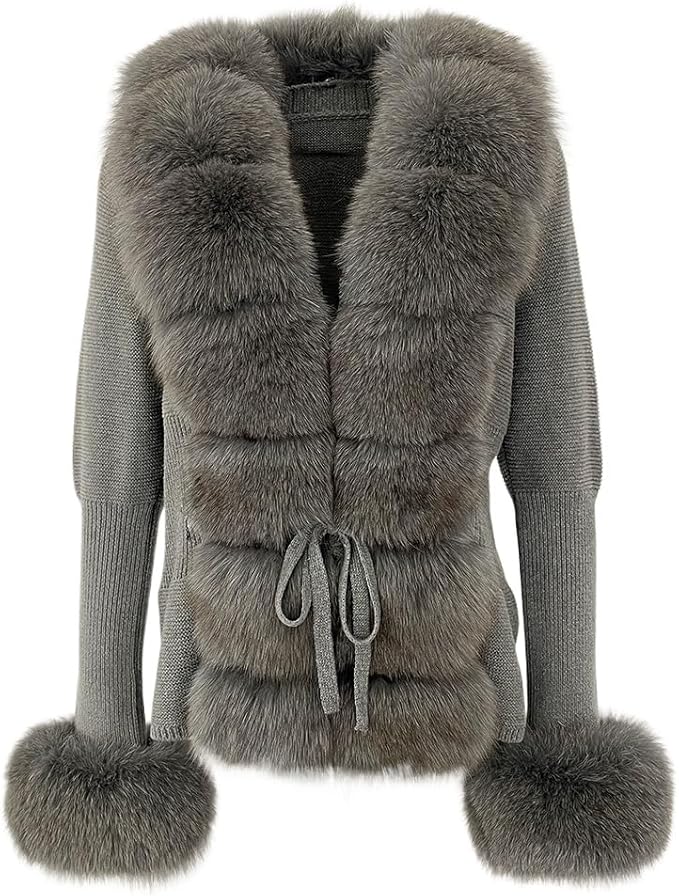 Eleganter Damen Strick-Cardigan mit luxuriösem Kunstfell, Taillengürtel & Feinstrick